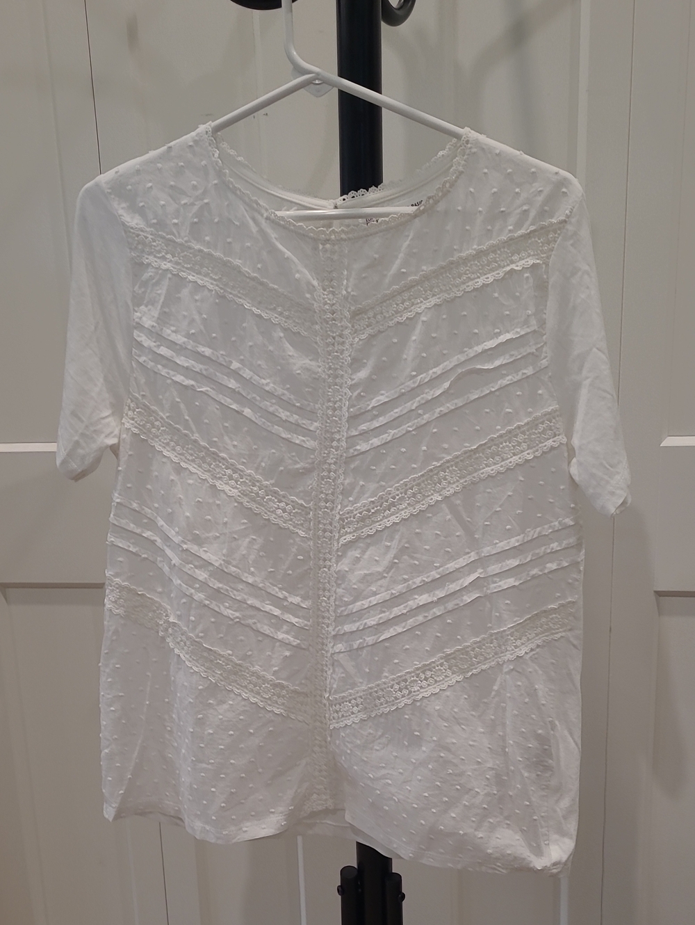 SFERRA White Swiss Dot Lace-Trim Short Sleeve Blouse
